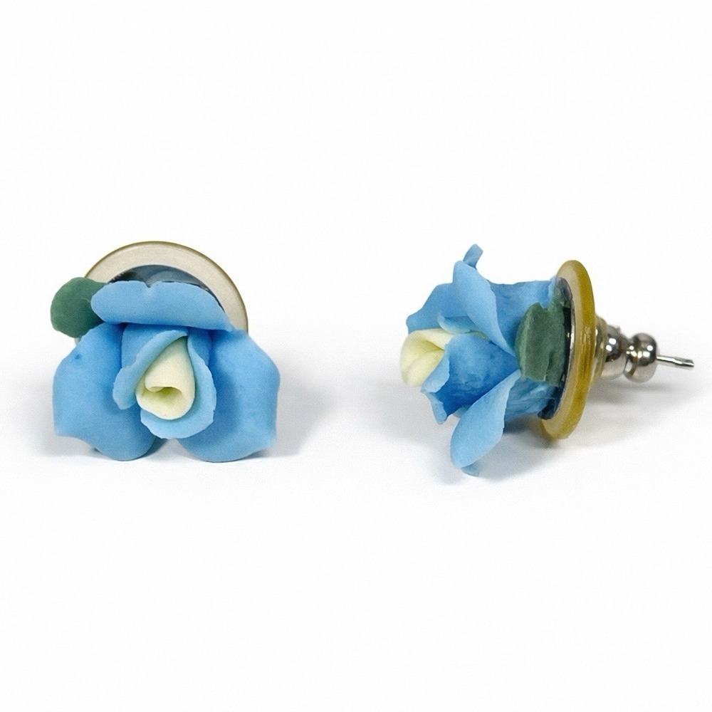 Blue Rose Flower‎ Stud Earrings Handmade Resin Floral Push Back Women